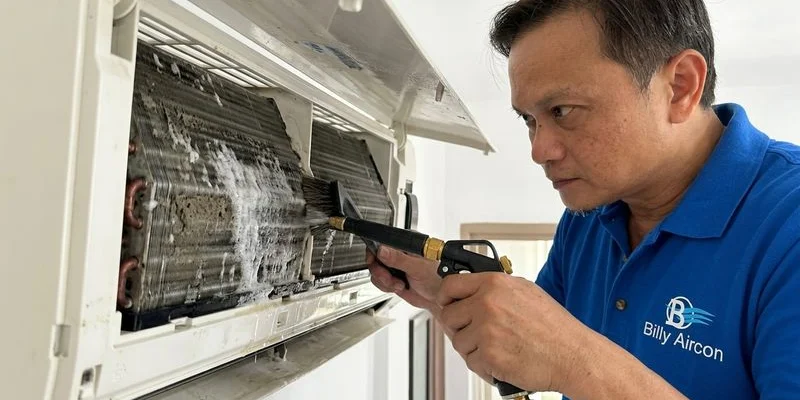 Technician applying chemical cleaning solution to aircon evaporator coils
