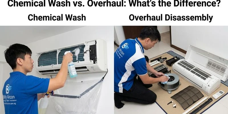 Comparison showing partially disassembled aircon for chemical wash versus fully disassembled for overhaul