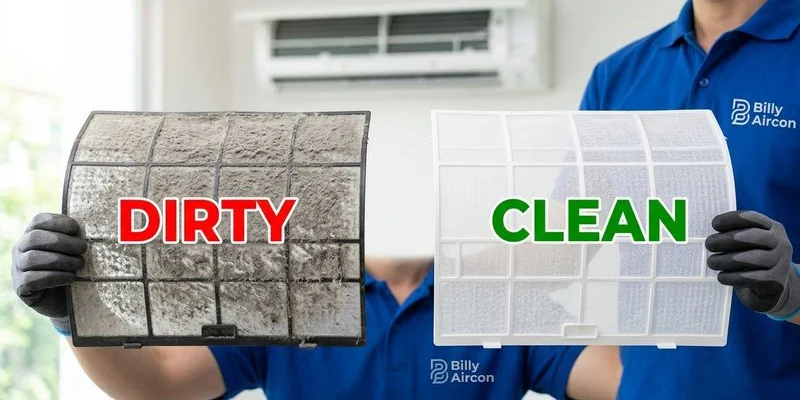 Close-up of a dirty aircon filter compared to a clean filter side by side