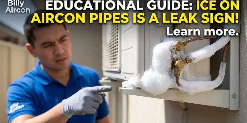 Frost and ice formation on aircon refrigerant copper pipes indicating gas leak