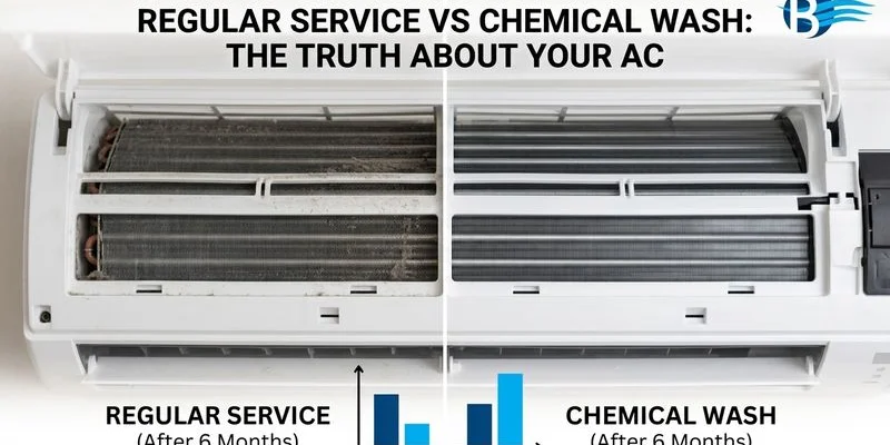 Side-by-side comparison showing results of regular servicing versus chemical wash on aircon coils