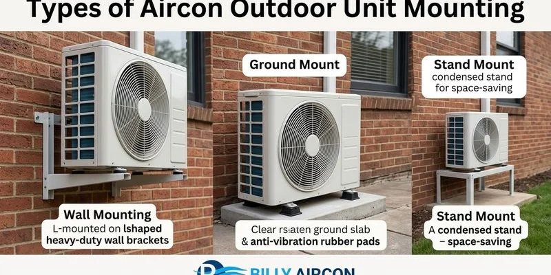 Different types of aircon outdoor unit mounting including wall bracket, aircon ledge, and ground placement in Singapore