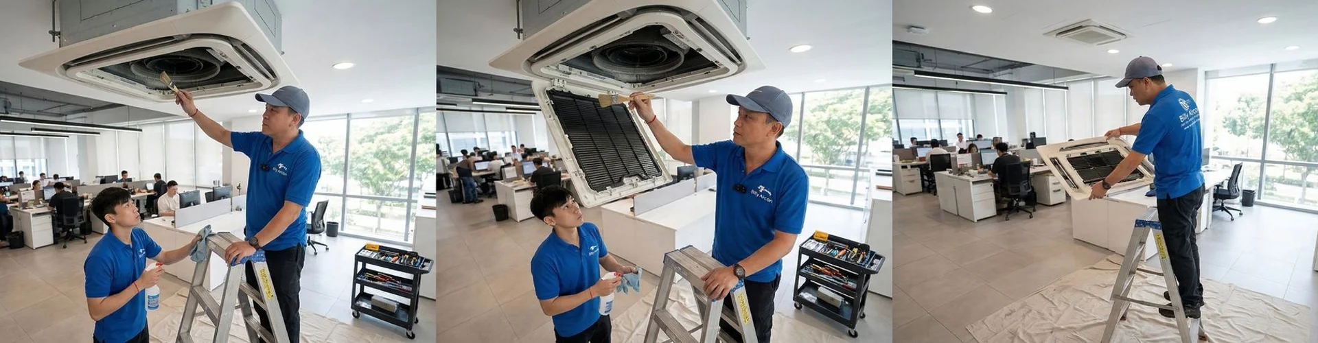 Aircon technician performing chemical wash on ceiling cassette unit in Singapore