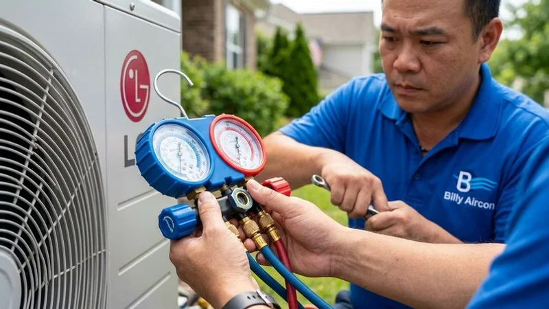 Billy Aircon technician checking LG outdoor unit refrigerant levels at a Singapore HDB estate