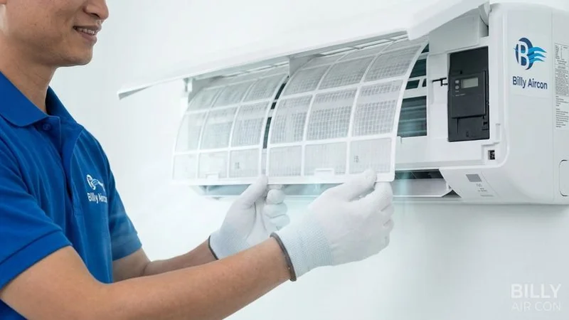Panasonic aircon filters cleaned during Billy Aircon servicing visit in Singapore