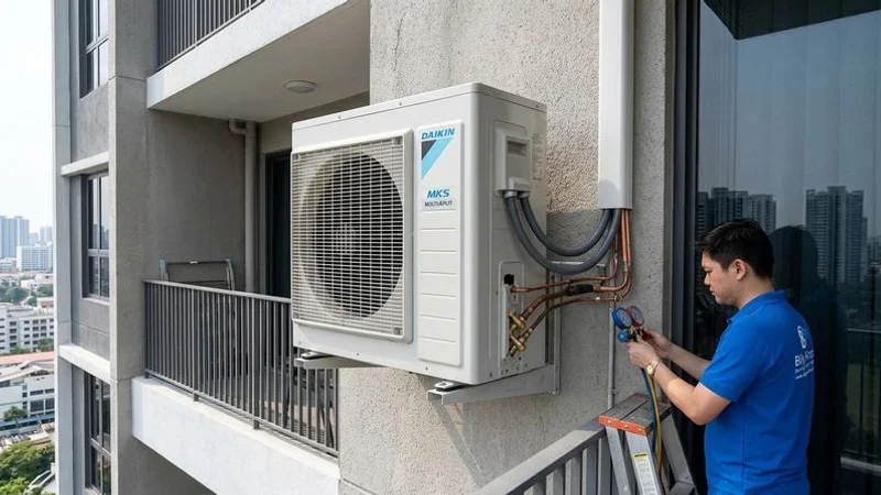 Daikin MKS multi-split outdoor condenser unit on condo rooftop