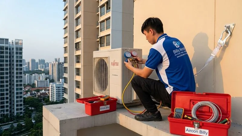Fujitsu General outdoor compressor repair on an HDB condenser ledge in Singapore