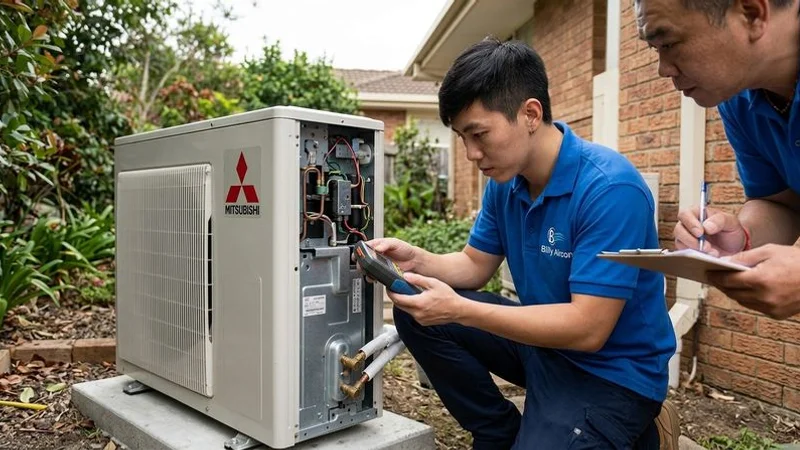 Mitsubishi outdoor compressor unit inspection during servicing