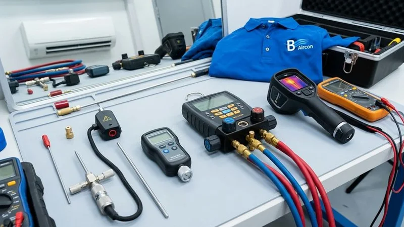 Professional aircon diagnostic tools and equipment used during inspection