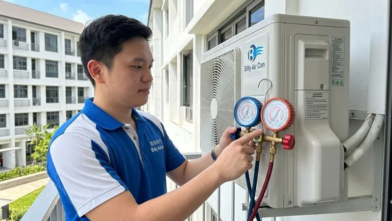 Technician checking aircon refrigerant gas pressure