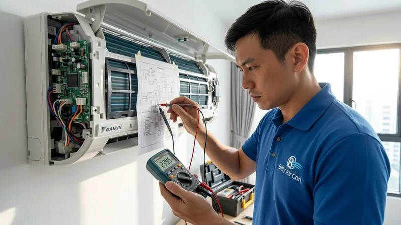 Technician diagnosing Daikin aircon wall unit with diagnostic tool