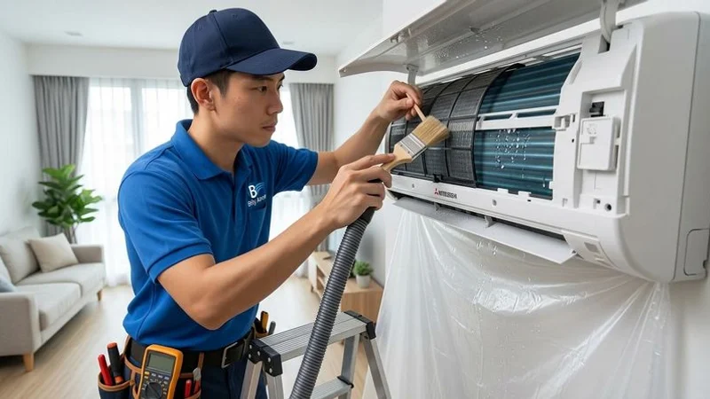 Technician cleaning aircon filter during regular servicing